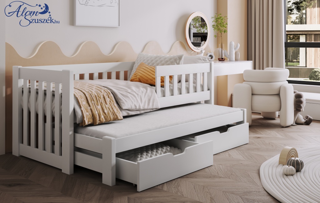 FILIP 2 tömör fa leesésgátlós kétszemélyes gyerekágy kihúzható ággyal ágyneműtartóval