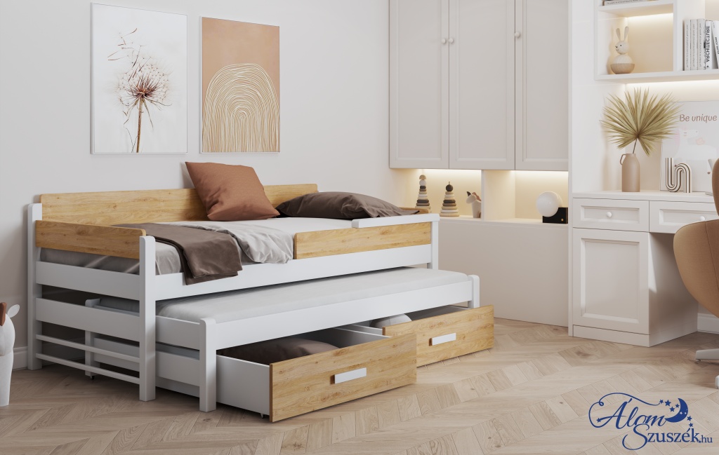 TERRA 2 bútorlappal kombinált tömör fa kétszemélyes gyerekágy kihúzható ággyal ágyneműtartóval