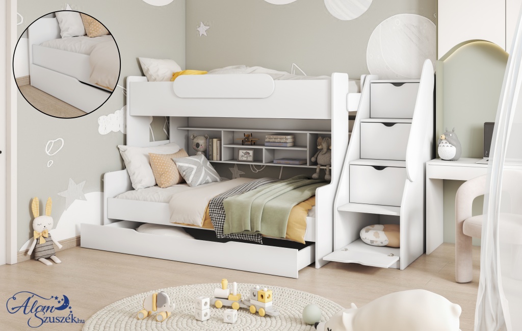 SEGAN laminált bútorlap emeletes gyerekágy beépített polccal fiókos tárolóval, ágyneműtartóval