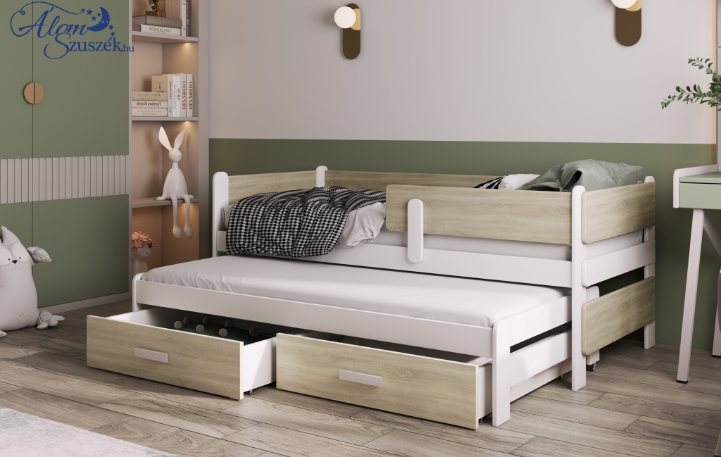 LEILA 2 bútorlappal kombinált kétszemélyes gyerekágy kihúzható ággyal ágyneműtartóval