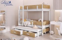 LEILA 3 bútorlappal kombinált tömör fa háromszemélyes emeletes gyerekágy ágyneműtartóval Kép