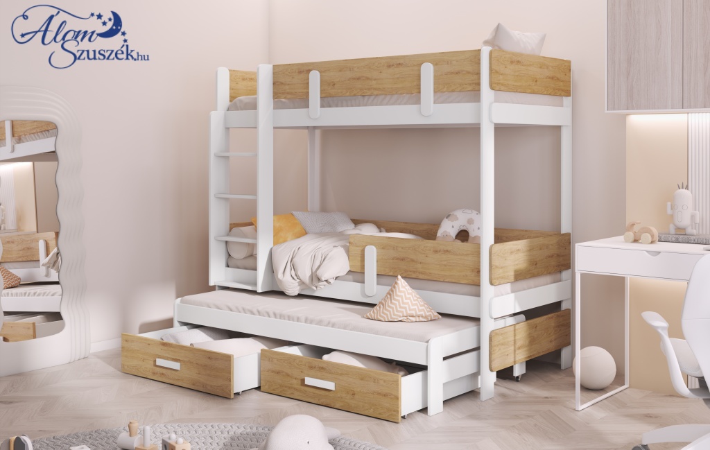 LEILA 3 bútorlappal kombinált tömör fa háromszemélyes emeletes gyerekágy ágyneműtartóval