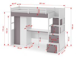 TRISTAN bútorlappal kombinált tömör fa galériaágy beépített fiókos tárolóval,szekrénnyel,íróasztallal 3.Kép