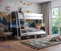 MORI bútorlappal kombinált tömör fa emeletes gyerekágy ágyneműtartóval Kép