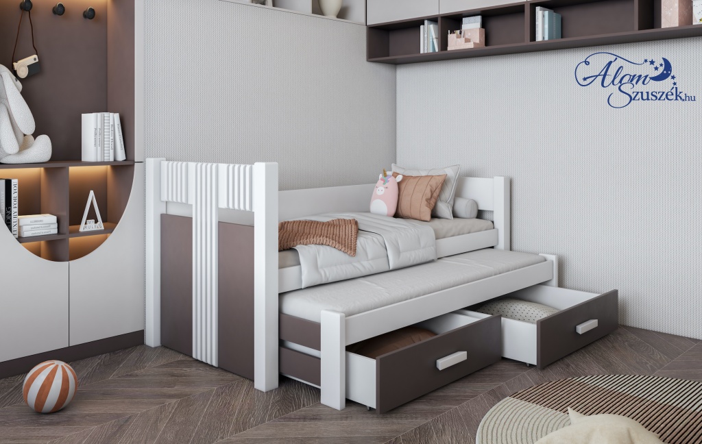 ARTUR 2 bútorlappal kombinált tömör fa kétszemélyes gyerekágy ágyneműtartóval