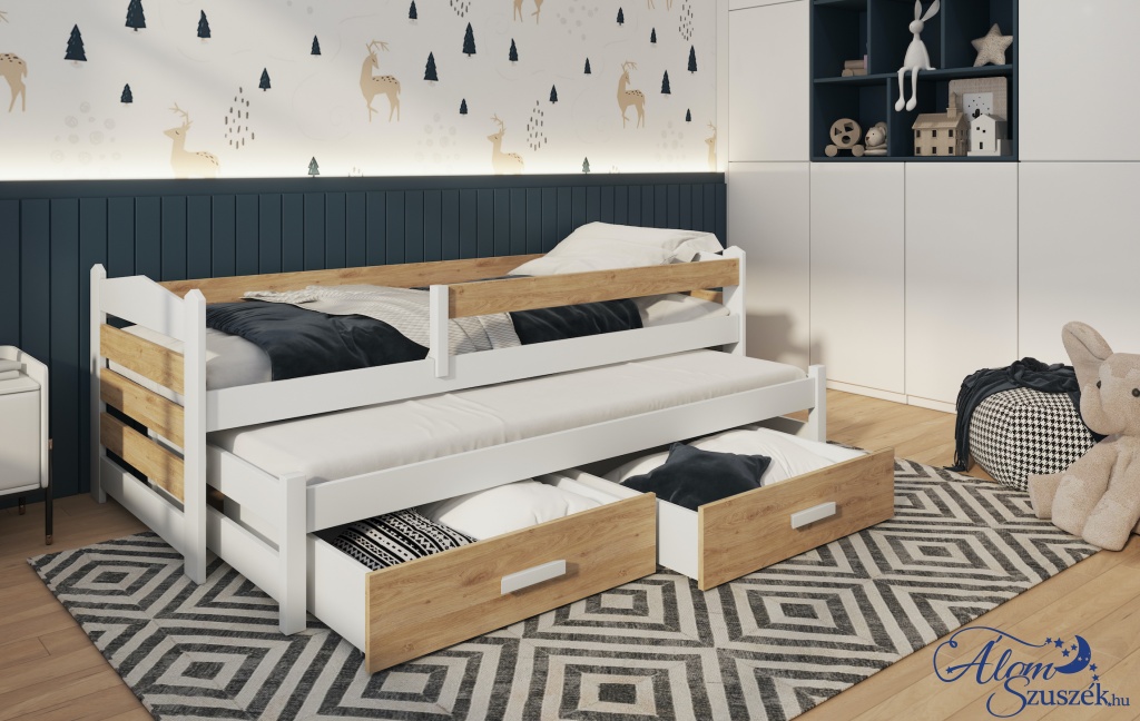 TIAGO 2 bútorlappal kombinált tömör fa kétszemélyes gyerekágy ágyneműtartóval