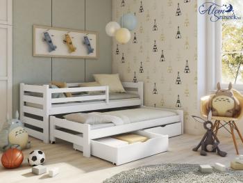 KUBU tömör fa leesésgátlós kétszemélyes gyerekágy kihúzható ággyal ágyneműtartóval fehér színben 200x90 cm méretben Kép