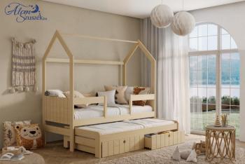 NOLEN 2 házikó alakú dupla leesésgátlós kétszemélyes gyerekágy kihúzható ággyal ágyneműtartóval 2.Kép