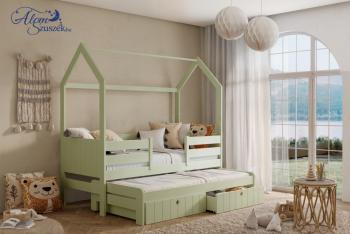 NOLEN 2 házikó alakú dupla leesésgátlós kétszemélyes gyerekágy kihúzható ággyal ágyneműtartóval 3.Kép