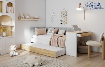 FREYA kárpitozott bútorlappal kombinált kétszemélyes gyerekágy beépített íróasztallal Kép